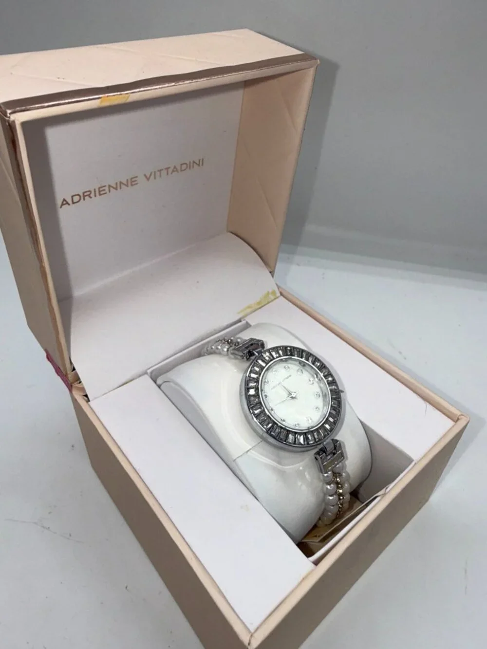 Adrienne Vittadini Women’s Pearl Crystal Watch Silver Tone Box Included